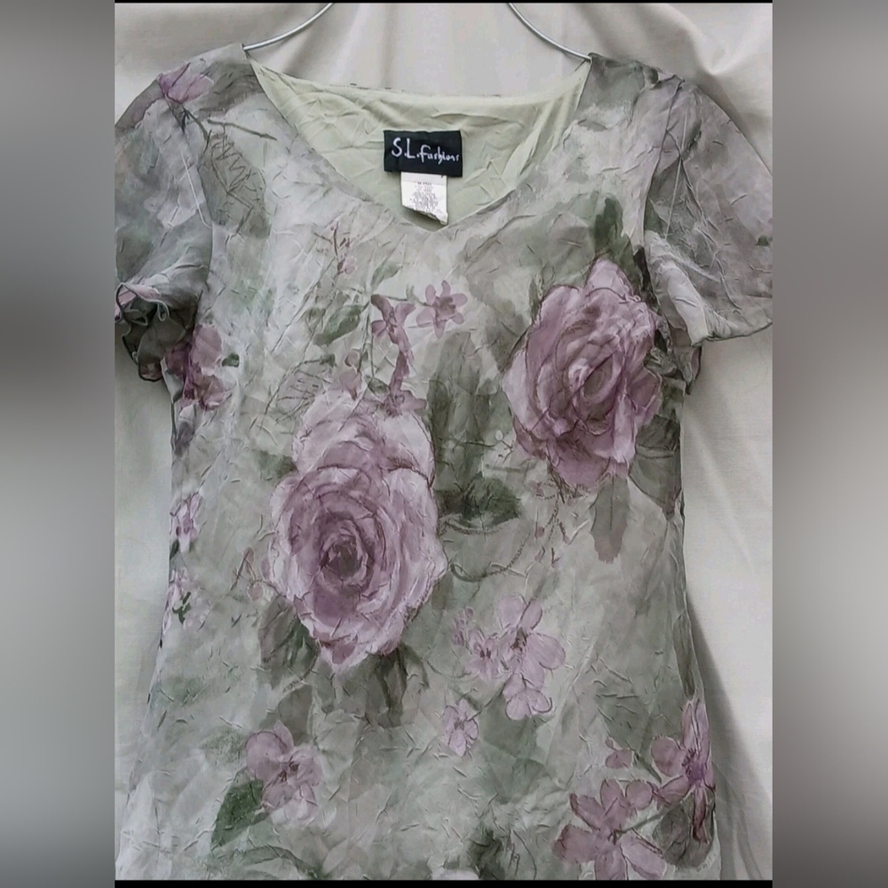 S.L. Fashions Green Floral Vintage 90's Asimmetrical Dress - Picture 2 of 11